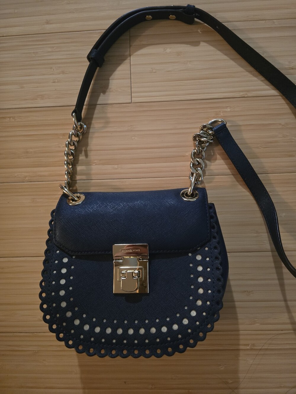Michael Kors Navy Saffiano Cecelia Perforated Scalloped Crossbody Bag
